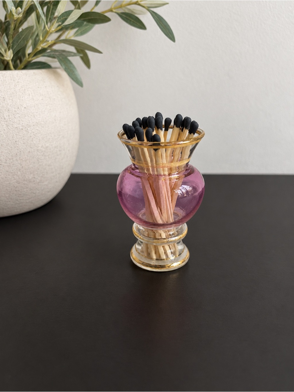 Vintage Pink Glass Mini Bud Vase Match Holder Striker 4" Gold Vanity Decor - Picture 2 of 5